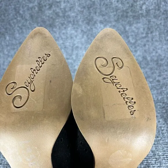 Seychelles Mules Heel Shoes Womens 8.5 Black Suede Lazer Cut Slides Pointed Toe