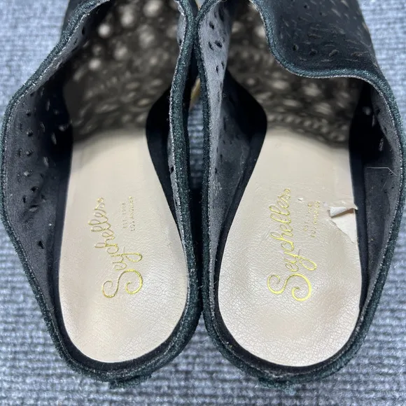 Seychelles Mules Heel Shoes Womens 8.5 Black Suede Lazer Cut Slides Pointed Toe