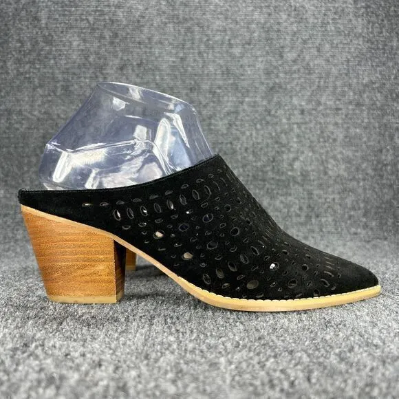 Seychelles Mules Heel Shoes Womens 8.5 Black Suede Lazer Cut Slides Pointed Toe