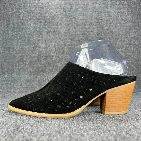 Seychelles Mules Heel Shoes Womens 8.5 Black Suede Lazer Cut Slides Pointed Toe