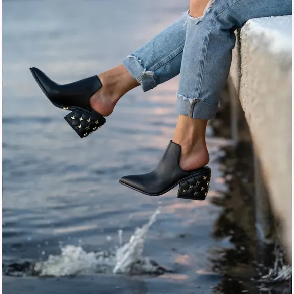 She is Cheval On My Way Black Pointed Toe Block Heel Western Studded Mules 10