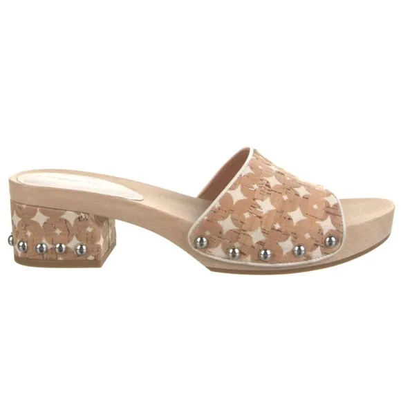 Sigerson Morrison Akira Beige Canvas Printed Slides Clogs Wooden Platform Mule 8