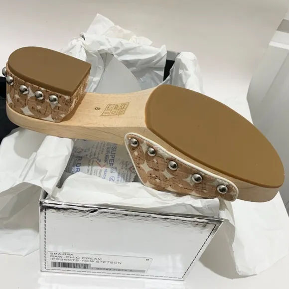 Sigerson Morrison Akira Beige Canvas Printed Slides Clogs Wooden Platform Mule 8