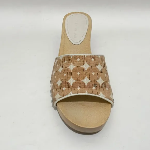 Sigerson Morrison Akira Beige Canvas Printed Slides Clogs Wooden Platform Mule 8