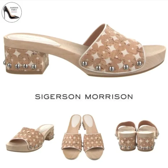 Sigerson Morrison Akira Beige Canvas Printed Slides Clogs Wooden Platform Mule 8
