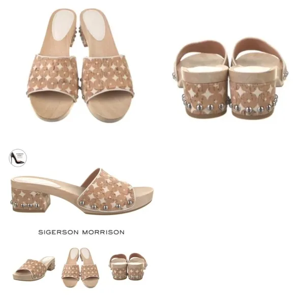 Sigerson Morrison Akira Beige Canvas Printed Slides Clogs Wooden Platform Mule 8