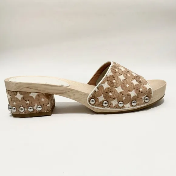 Sigerson Morrison Akira Beige Canvas Printed Slides Clogs Wooden Platform Mule 8