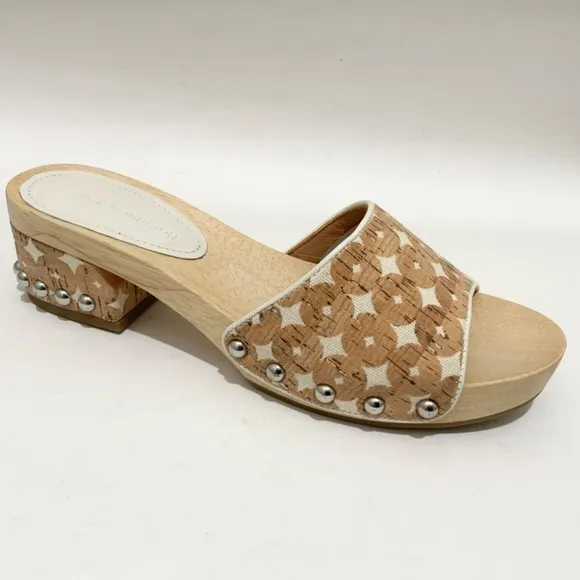 Sigerson Morrison Akira Beige Canvas Printed Slides Clogs Wooden Platform Mule 8