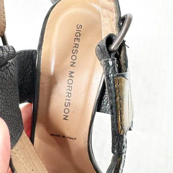 Sigerson Morrison Black Gold Leather Strappy Heeled Sandals Size 7 Made in Italy
