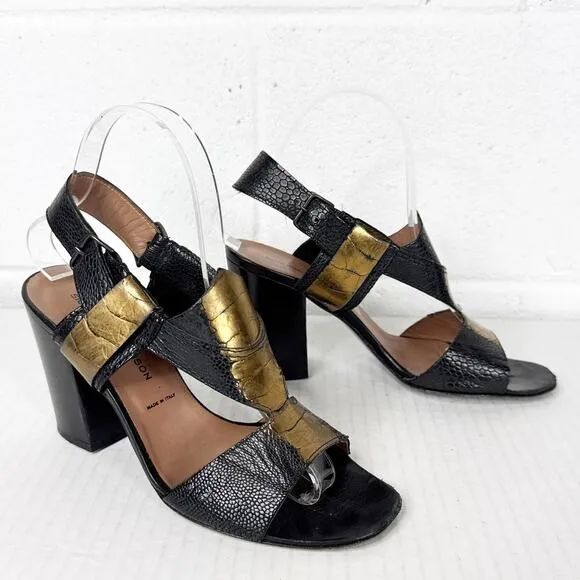 Sigerson Morrison Black Gold Leather Strappy Heeled Sandals Size 7 Made in Italy