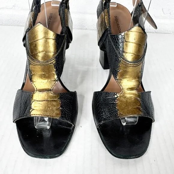 Sigerson Morrison Black Gold Leather Strappy Heeled Sandals Size 7 Made in Italy