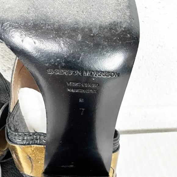 Sigerson Morrison Black Gold Leather Strappy Heeled Sandals Size 7 Made in Italy