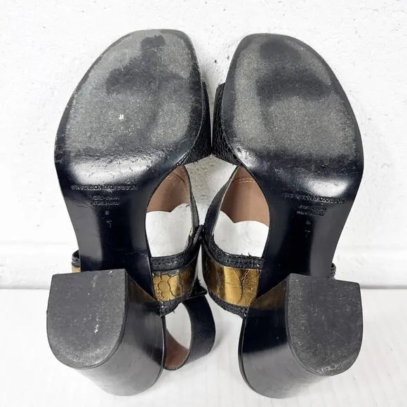 Sigerson Morrison Black Gold Leather Strappy Heeled Sandals Size 7 Made in Italy