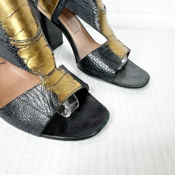 Sigerson Morrison Black Gold Leather Strappy Heeled Sandals Size 7 Made in Italy