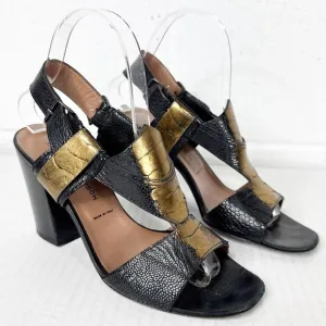 Sigerson Morrison Black Gold Leather Strappy Heeled Sandals Size 7 Made in Italy