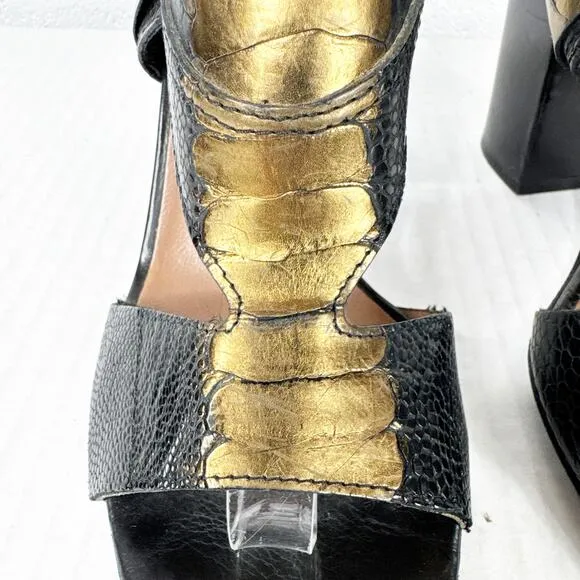 Sigerson Morrison Black Gold Leather Strappy Heeled Sandals Size 7 Made in Italy