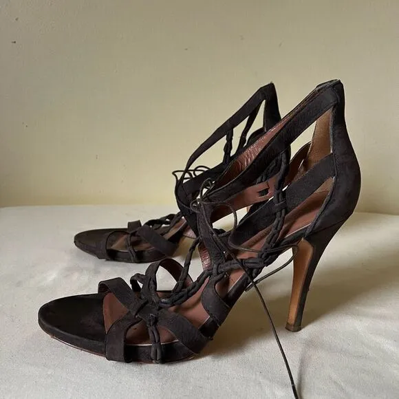 Sigerson Morrison Strappy Lace Up Stiletto Heels Dark Brown Suede Leather 10