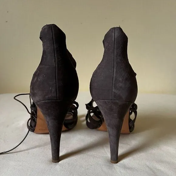 Sigerson Morrison Strappy Lace Up Stiletto Heels Dark Brown Suede Leather 10