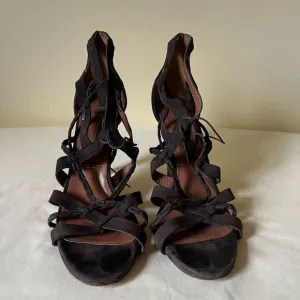 Sigerson Morrison Strappy Lace Up Stiletto Heels Dark Brown Suede Leather 10