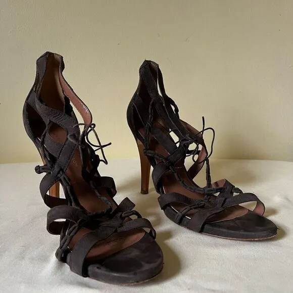 Sigerson Morrison Strappy Lace Up Stiletto Heels Dark Brown Suede Leather 10