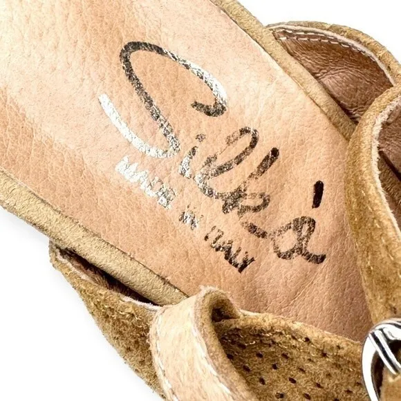 Silkó Tan Suede Slingback Mules Perforated Size‎ 9 Stacked Heel Made in Italy