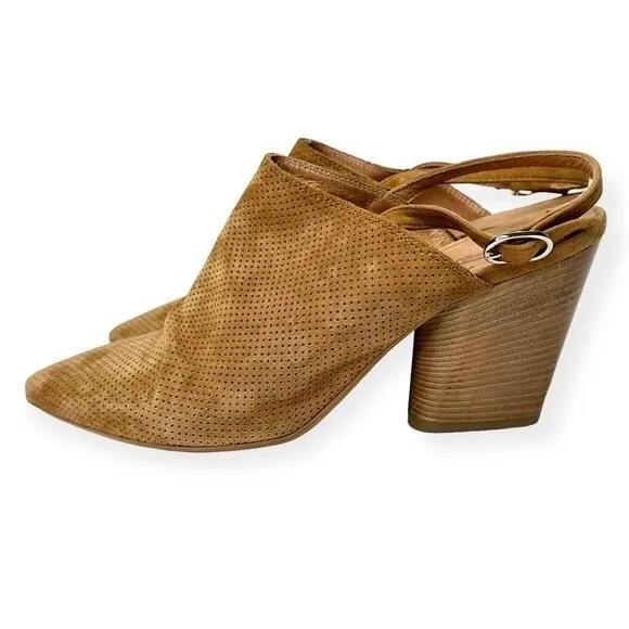 Silkó Tan Suede Slingback Mules Perforated Size‎ 9 Stacked Heel Made in Italy
