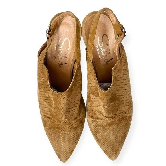 Silkó Tan Suede Slingback Mules Perforated Size‎ 9 Stacked Heel Made in Italy