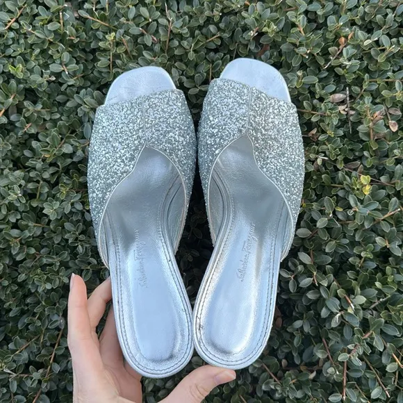 Silver Glitter Mules with Medium Heel
