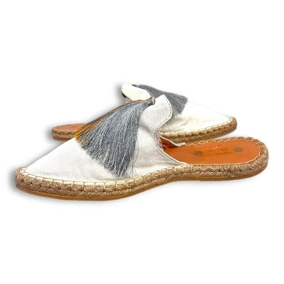 Silvia Cobos White Canvas Tasseled Slip on Sunrise Mules Sz 10 NEW