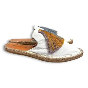 Silvia Cobos White Canvas Tasseled Slip on Sunrise Mules Sz 10 NEW