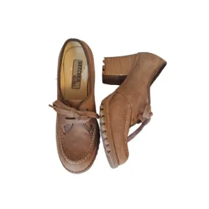 Skechers Brown Leather 7.5 Chunky 90s Y2K Heels Pumps Moc Toe Lace Up Oxfords