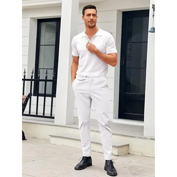 Slim Fit Pants Flat Front Stretch Skinny Tapered Dress Pants  for Men's