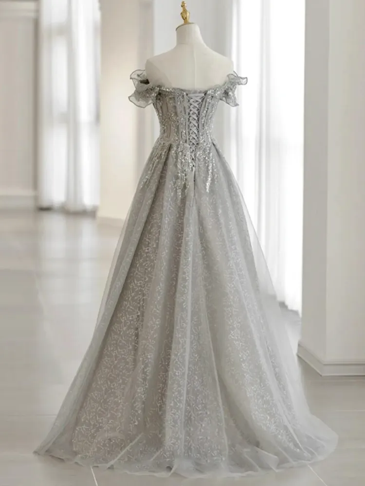 Sliver-Grey Tulle with Sequins Long Party Dress,A-line Floor Length Prom Dresses