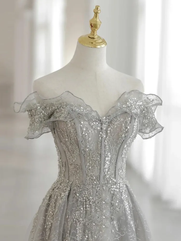 Sliver-Grey Tulle with Sequins Long Party Dress,A-line Floor Length Prom Dresses