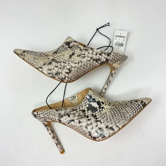 Snakeskin Print Pointed Toe Mules, Size 8