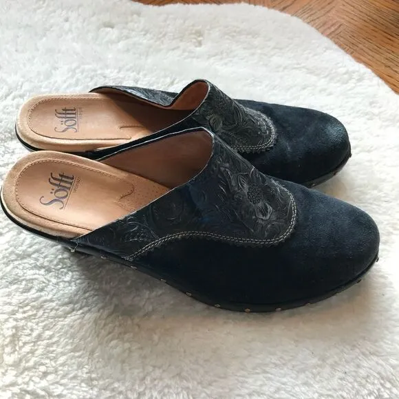 Sofft 9.5 Blue Suede Tooled Leather Heeled Mule