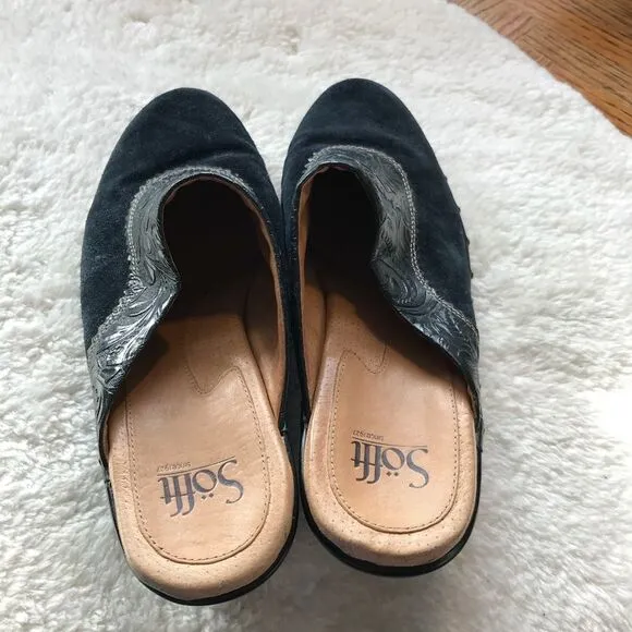 Sofft 9.5 Blue Suede Tooled Leather Heeled Mule