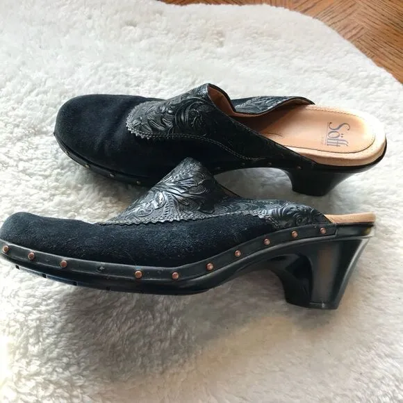 Sofft 9.5 Blue Suede Tooled Leather Heeled Mule