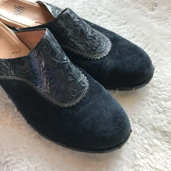 Sofft 9.5 Blue Suede Tooled Leather Heeled Mule