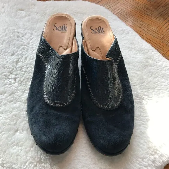 Sofft 9.5 Blue Suede Tooled Leather Heeled Mule