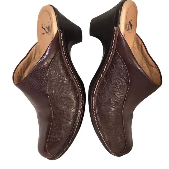 Sofft Hand Tooled Brown Burgundy Leather Heeled Mules Clogs Slides size 7.5