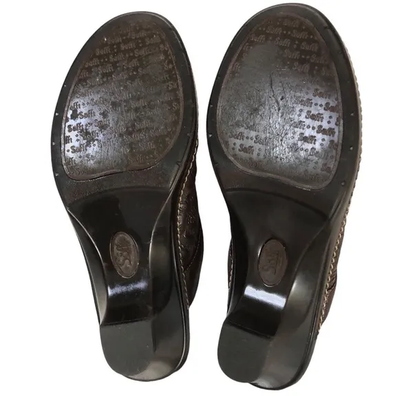 Sofft Hand Tooled Brown Burgundy Leather Heeled Mules Clogs Slides size 7.5