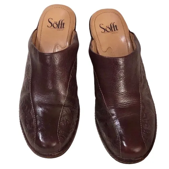 Sofft Hand Tooled Brown Burgundy Leather Heeled Mules Clogs Slides size 7.5