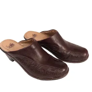 Sofft Hand Tooled Brown Burgundy Leather Heeled Mules Clogs Slides size 7.5