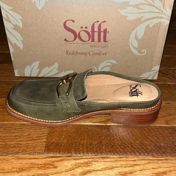 Sofft Suede Rosalia Comfort Slip On Mules Fern Green &amp; Gold Accents Women’s 6