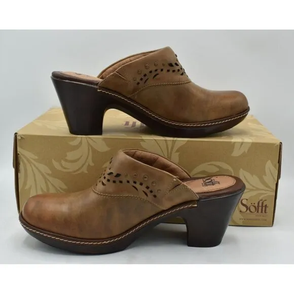 Sofft Womens Size 7 Laina Mocha Leather Open Back Heeled Clogs Shoes