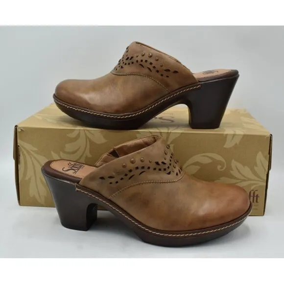 Sofft Womens Size 7 Laina Mocha Leather Open Back Heeled Clogs Shoes