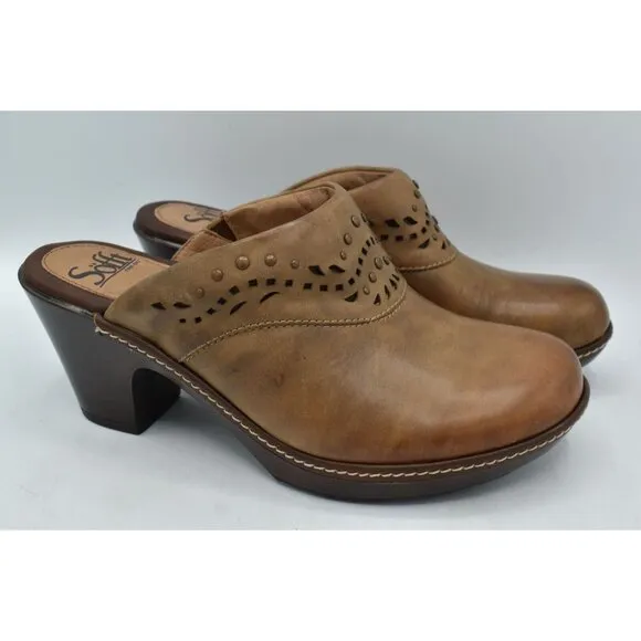 Sofft Womens Size 8 Laina Mocha Leather Open Back Heeled Clogs Shoes