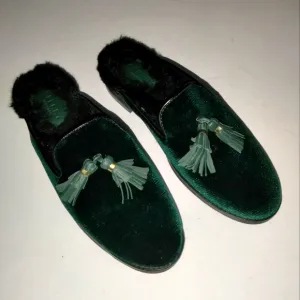 Sperry (Size 8.5) Green Velvet &amp; Faux Fur Lined Seaport Tassel Slip-on Mules