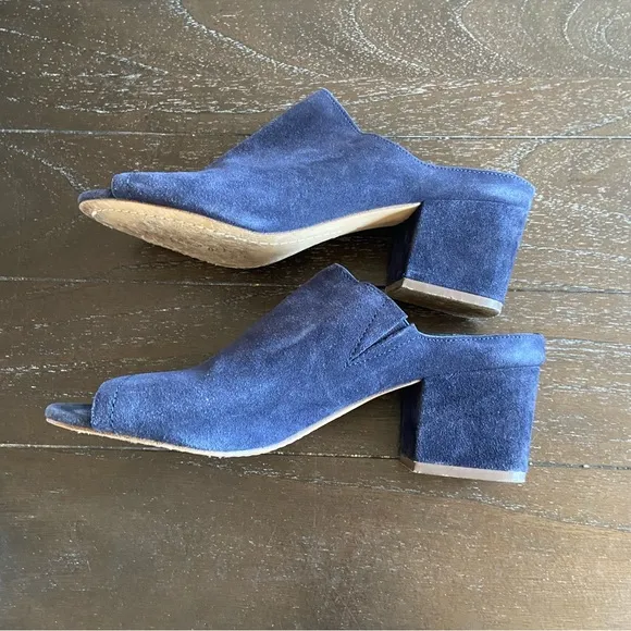 Splendid Navy Blue Suede Leather Peep Toe Mules Sandals Heels Size 10‎